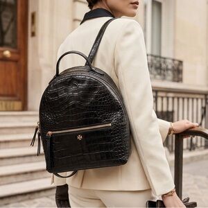 Tory Burch Black Croc-Embossed Backpack